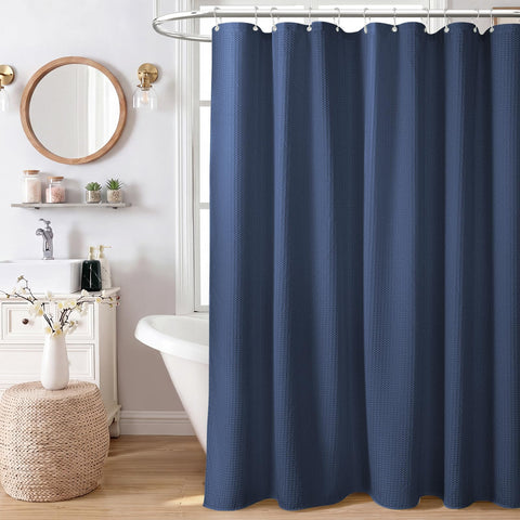 Dynamene 60-Inch Navy Waffle Weave Heavy-Duty Shower Curtain | Spa-Grade Cloth with Hooks