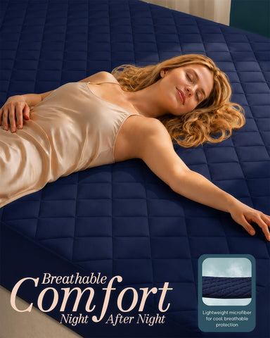 Utopia Bedding Quilted Fitted Mattress Pad Navy Full Size – Deep Pocket Up to 16in