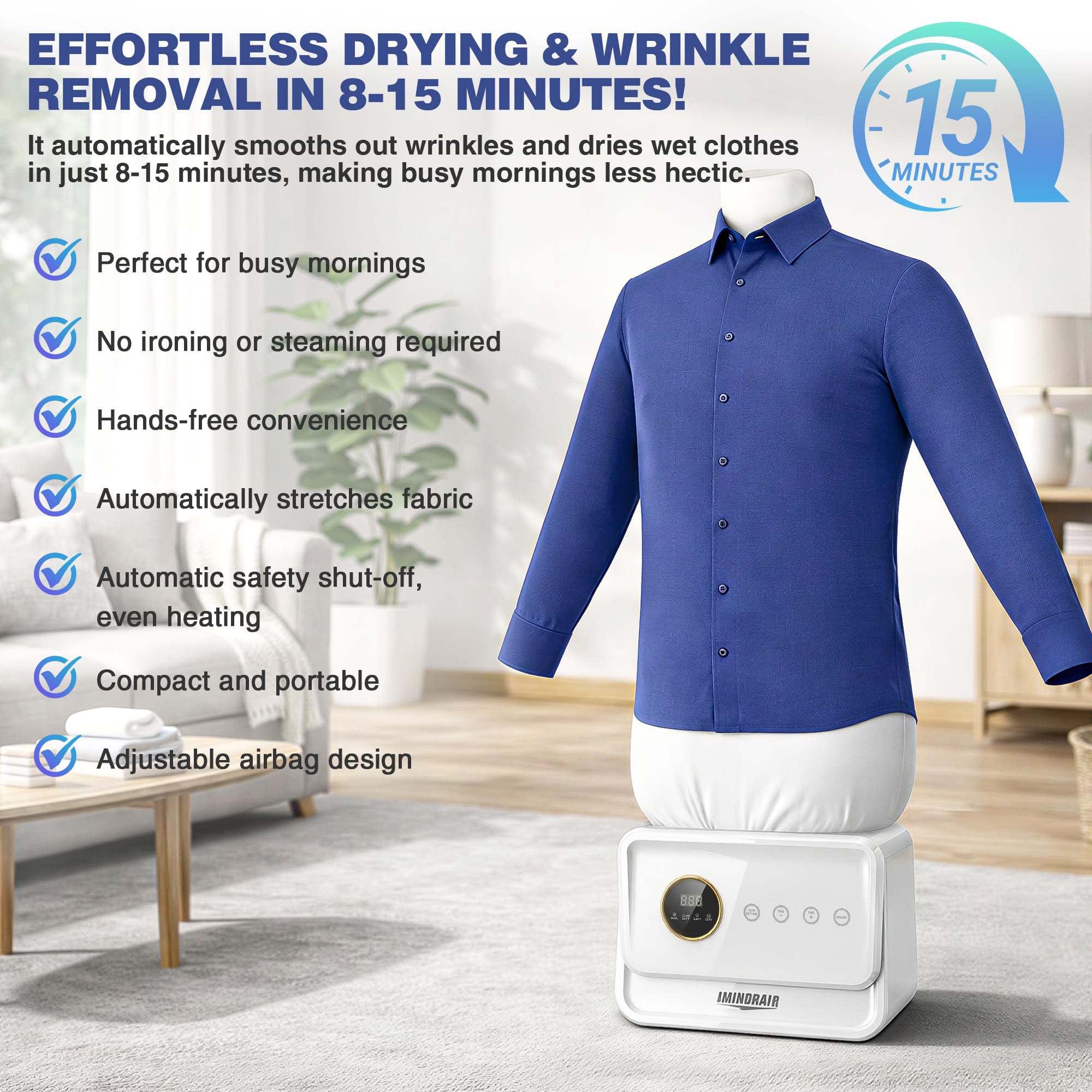 iMinorAir automatic ironing machine side panel highlights adjustable airbag for multiple garment sizes.