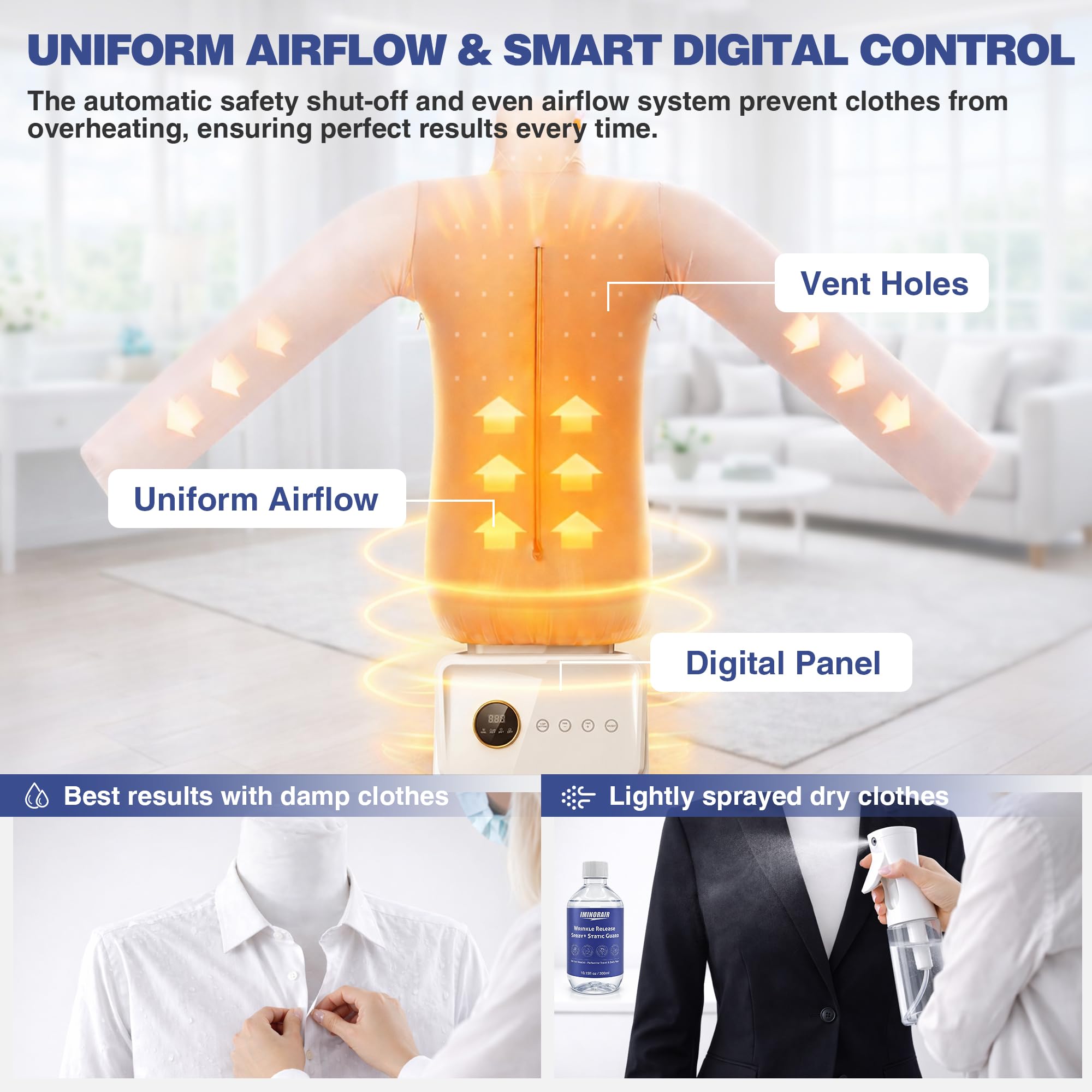 iMinorAir digital control panel with safe, customizable ironing modes.