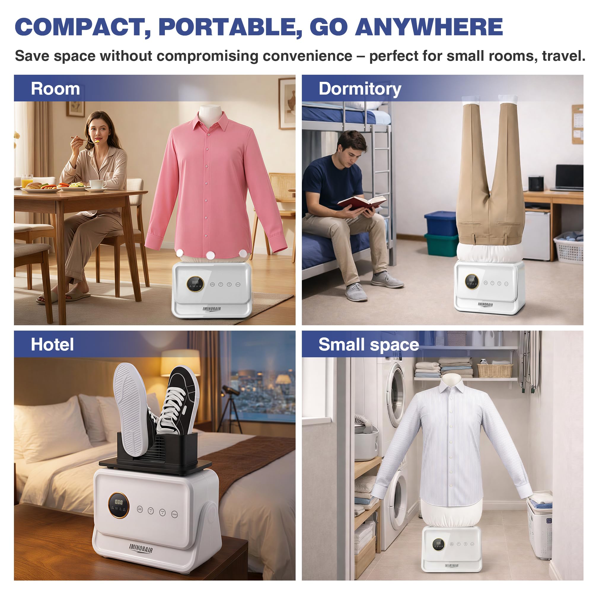 iMinorAir ironing system delivers wrinkle-free cuffs and collars without an ironing board.