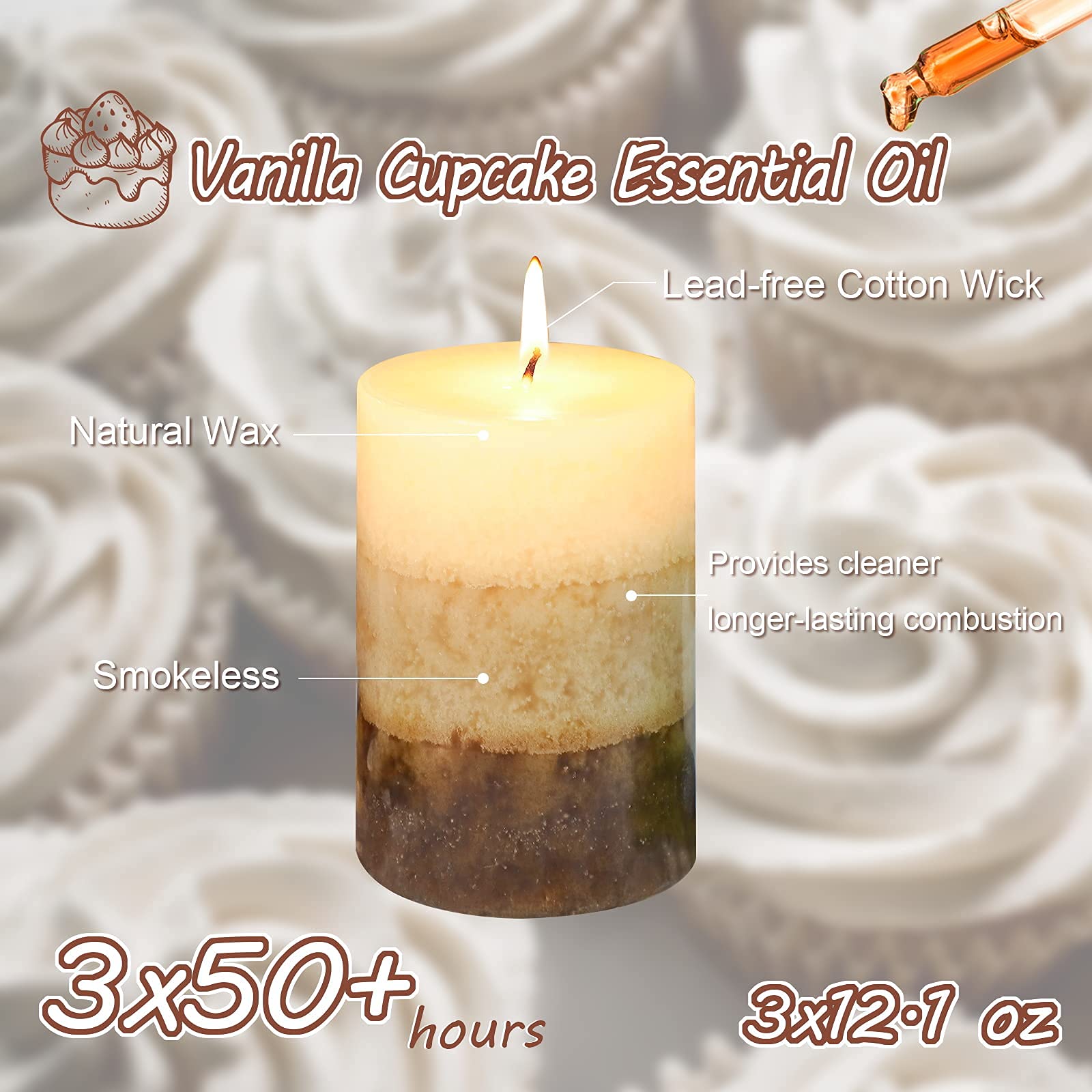 Immeiscent Vanilla Cupcake Pillar Candle 3x4 provides smokeless burn
