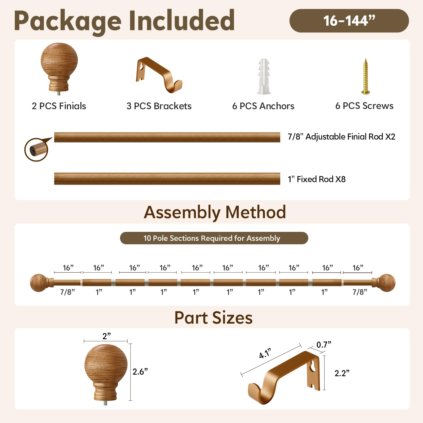 Size guide visual showing the 32–144 inch adjustable range