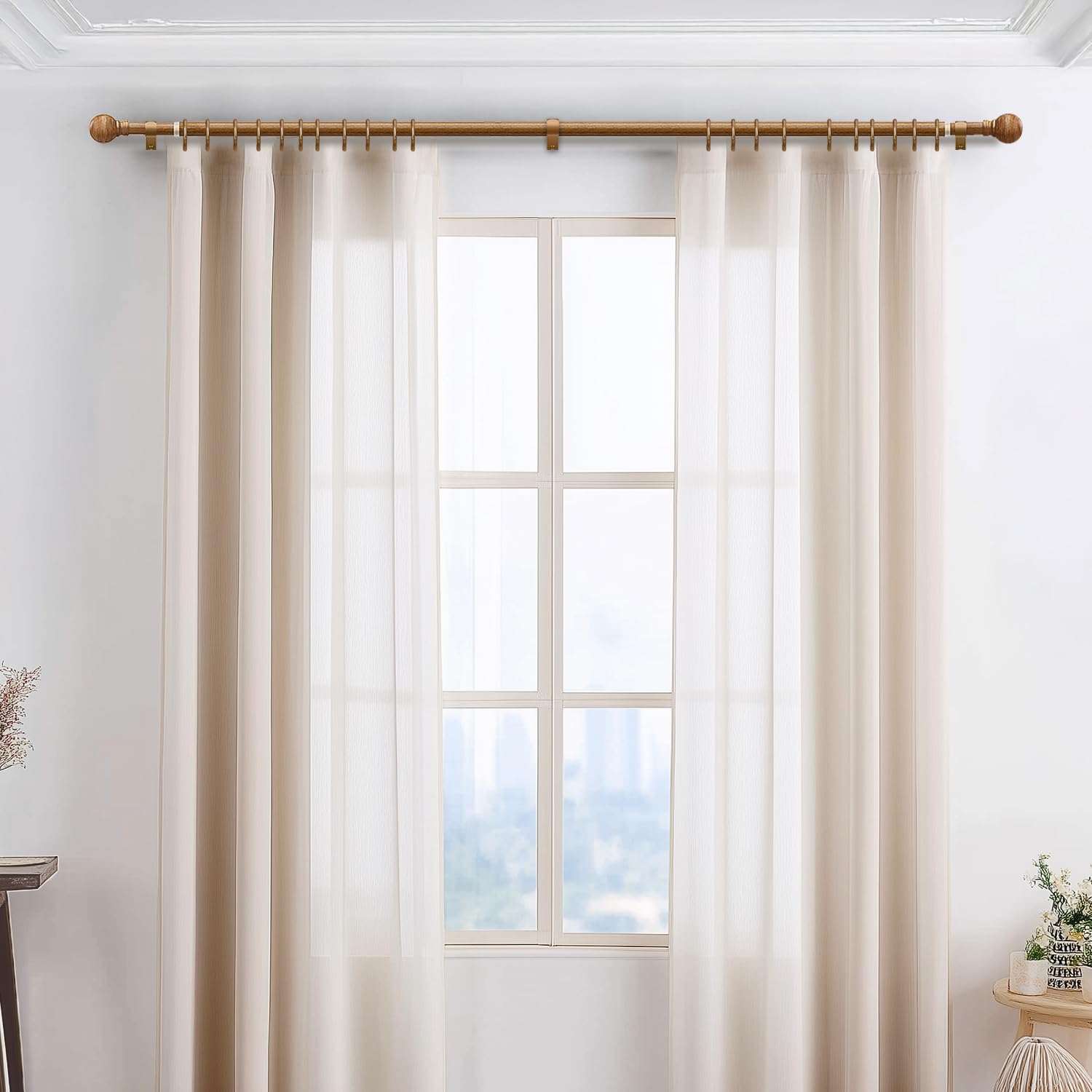 Immiehh wood curtain rod showcases grain finish and sturdy support for heavier drapes.