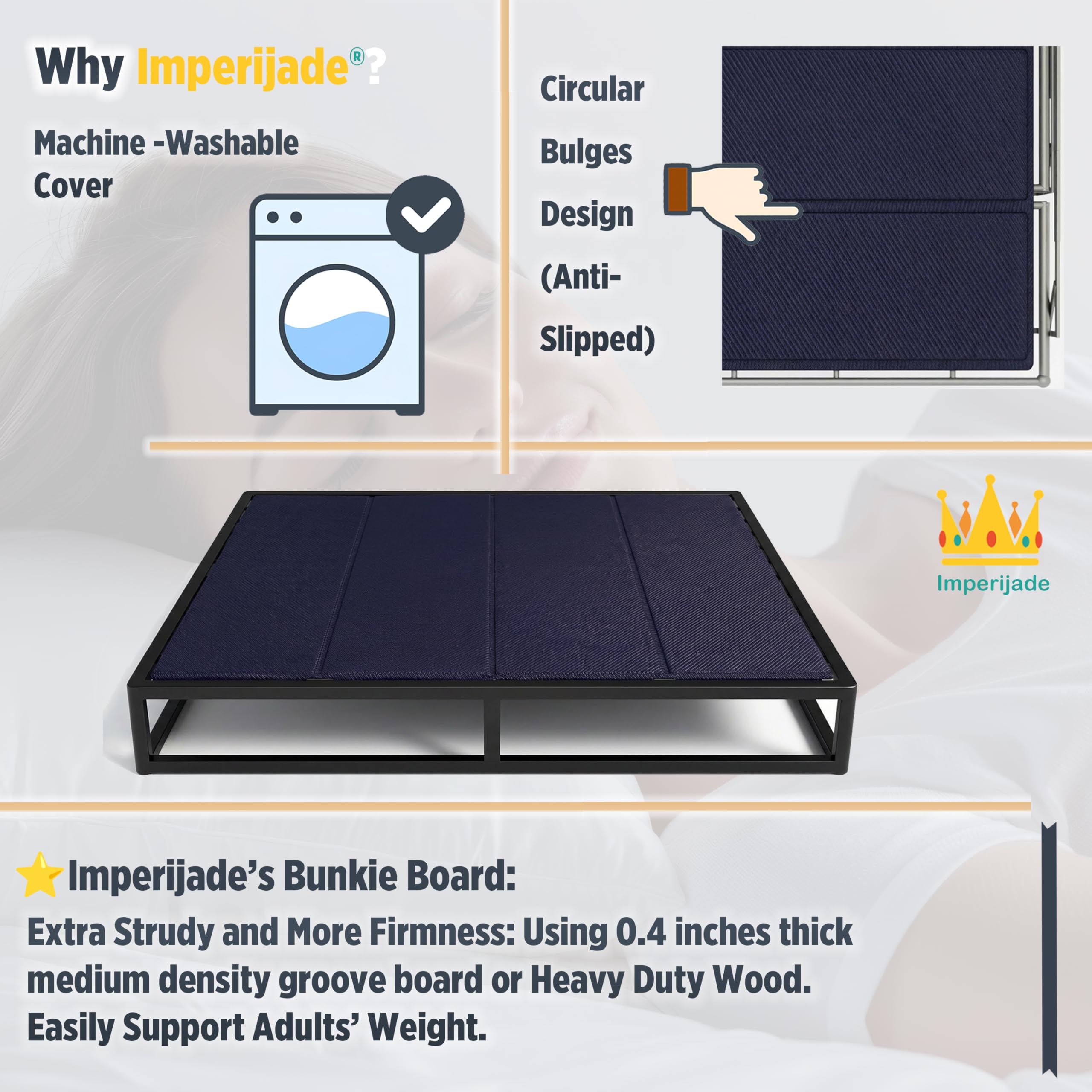 Imperijade under-mattress support with tool-free setup saves time.