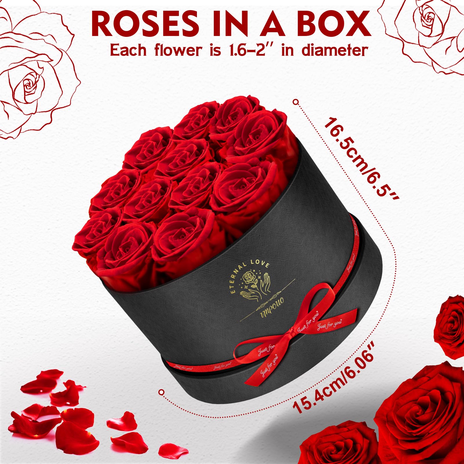 Detail of the heart shaped box with 27 preserved roses for a lush display.