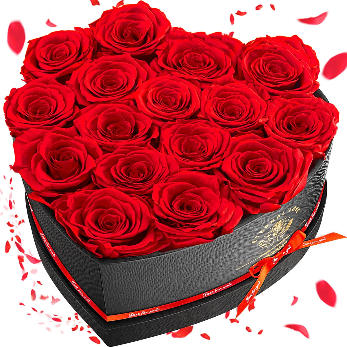 Impouo preserved roses in a heart-shaped box, lasting romance with no water needed.