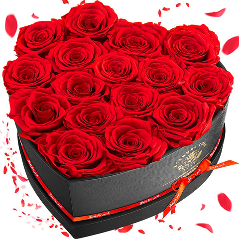Impouo preserved roses in a heart-shaped box, lasting romance with no water needed.
