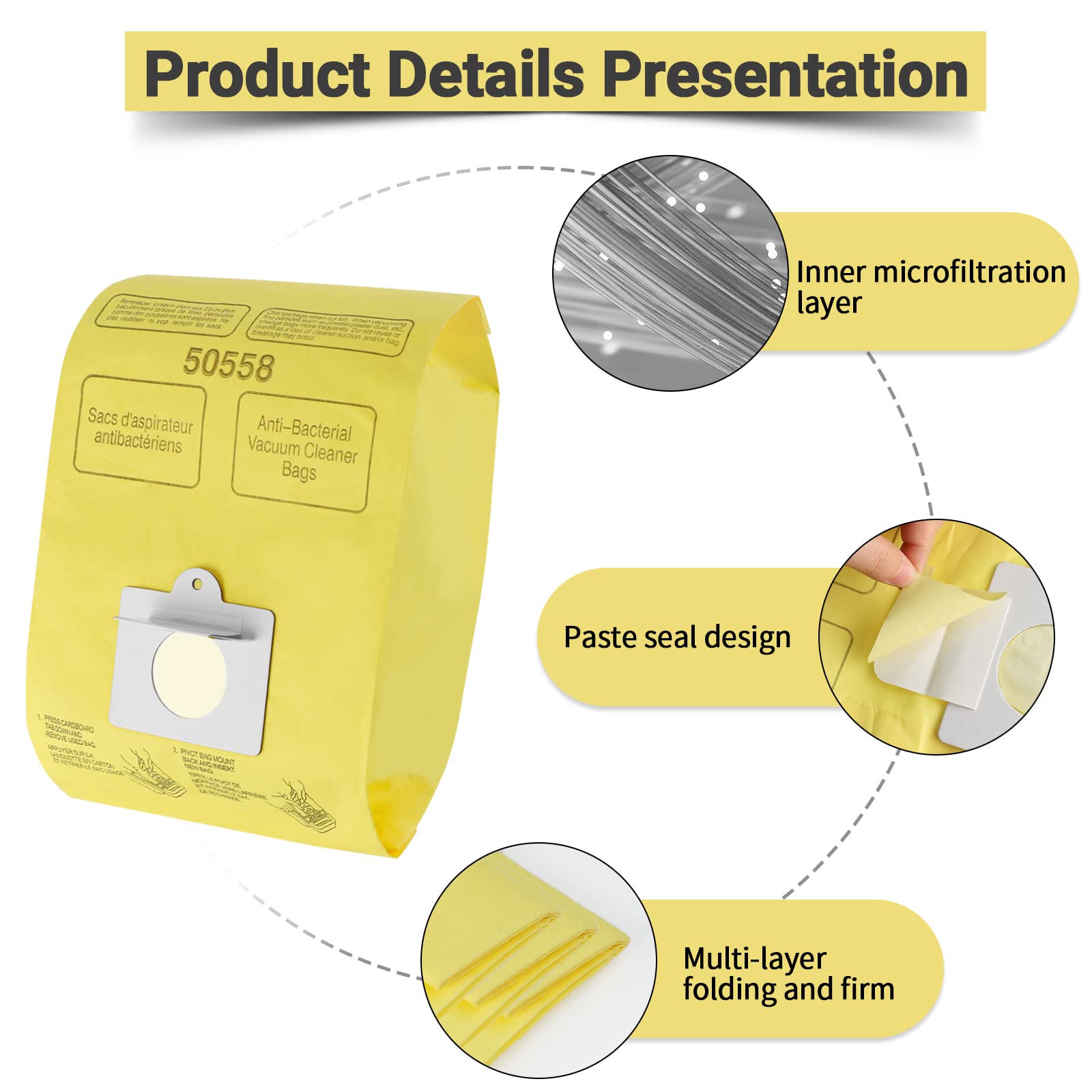 Improvedhand large capacity bags—hold more debris between bag changes.