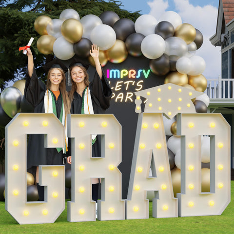 imprsv Grad 4ft light-up letters for graduation decor, creates a bold photo backdrop.