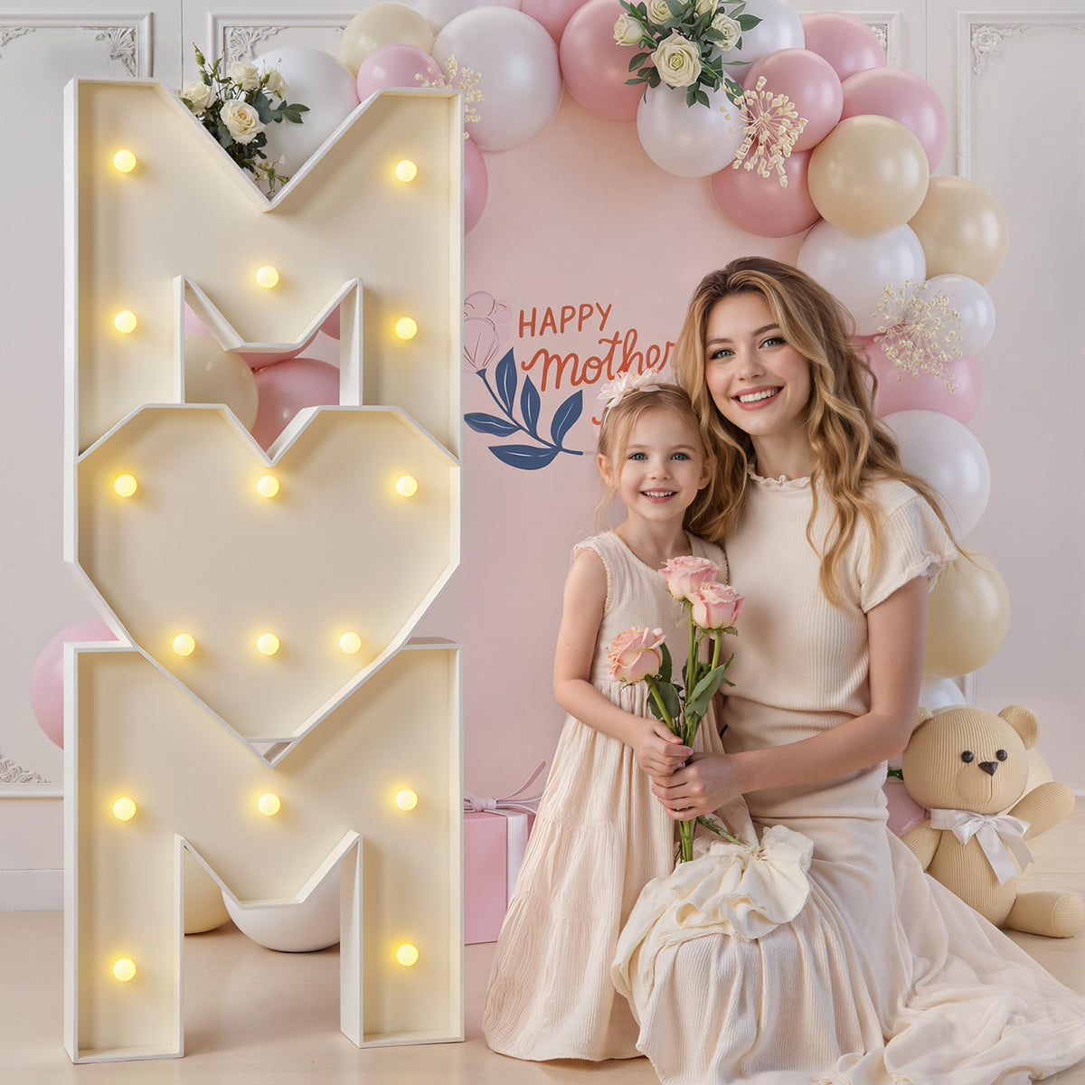 imprsv MOM 4ft letters create a warm Mother's Day backdrop for photos.