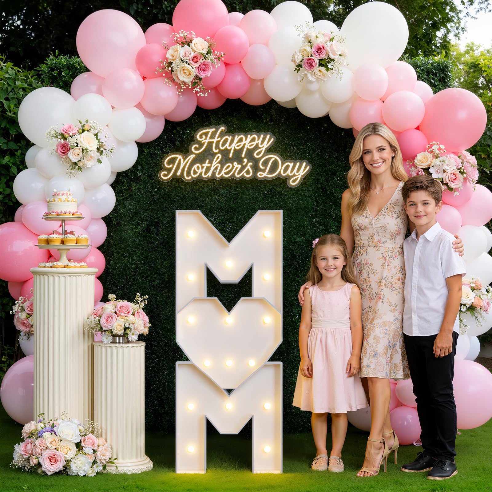 imprsv Mothers Day backdrop setup enhances indoor parties with a warm glow.