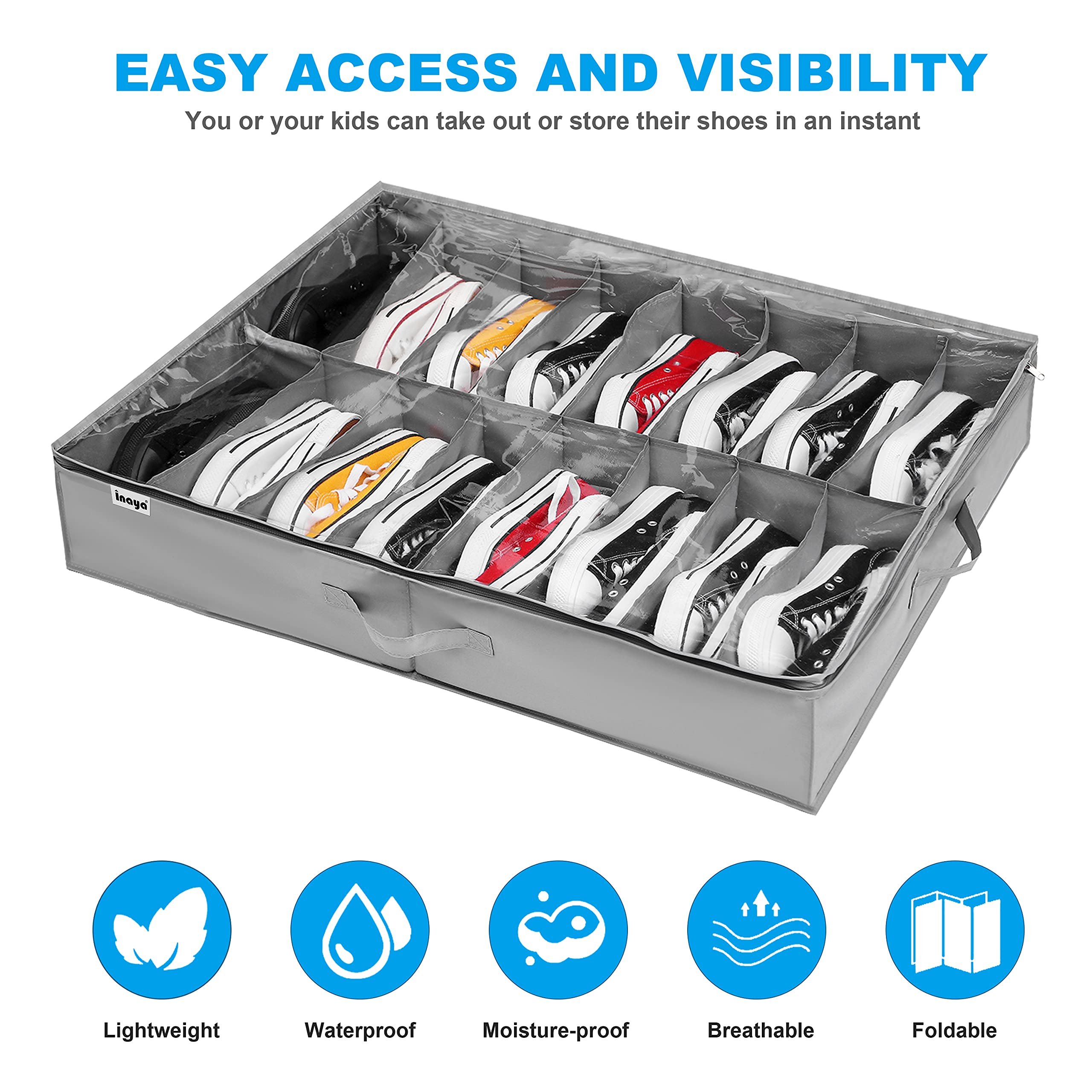 INAYA dividers with adjustable fasteners keep shoes securely in place.