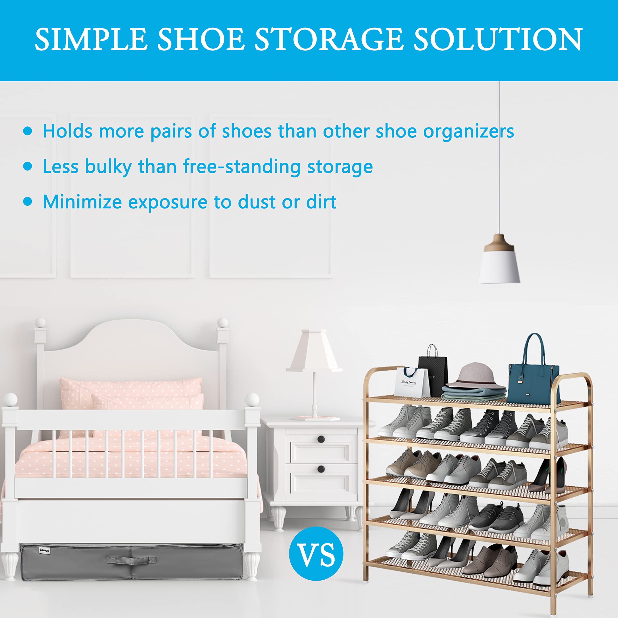INAYA under-bed shoe storage with 32-pair capacity keeps a large collection organized.