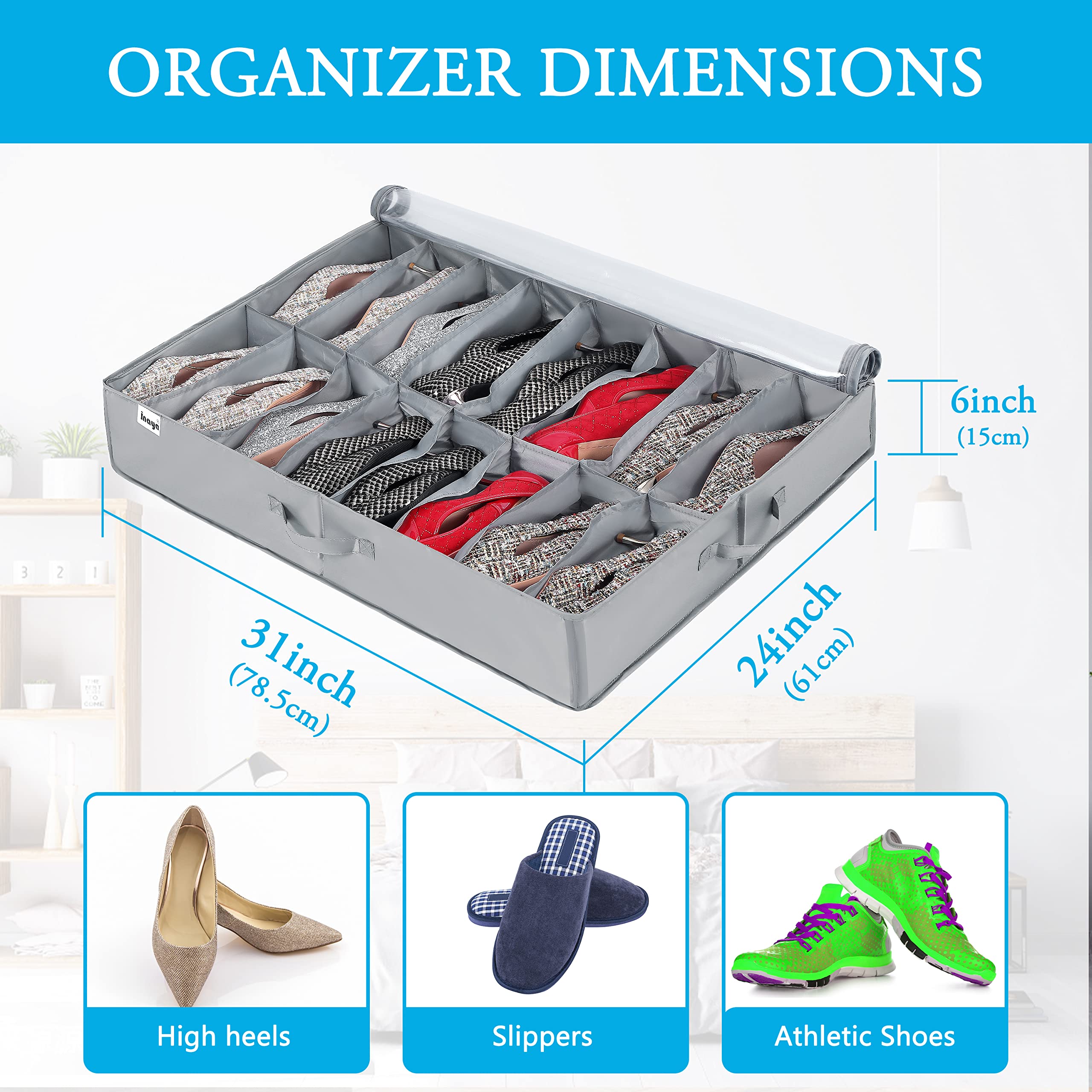 INAYA under-bed shoe storage foldable design saves space when not in use.