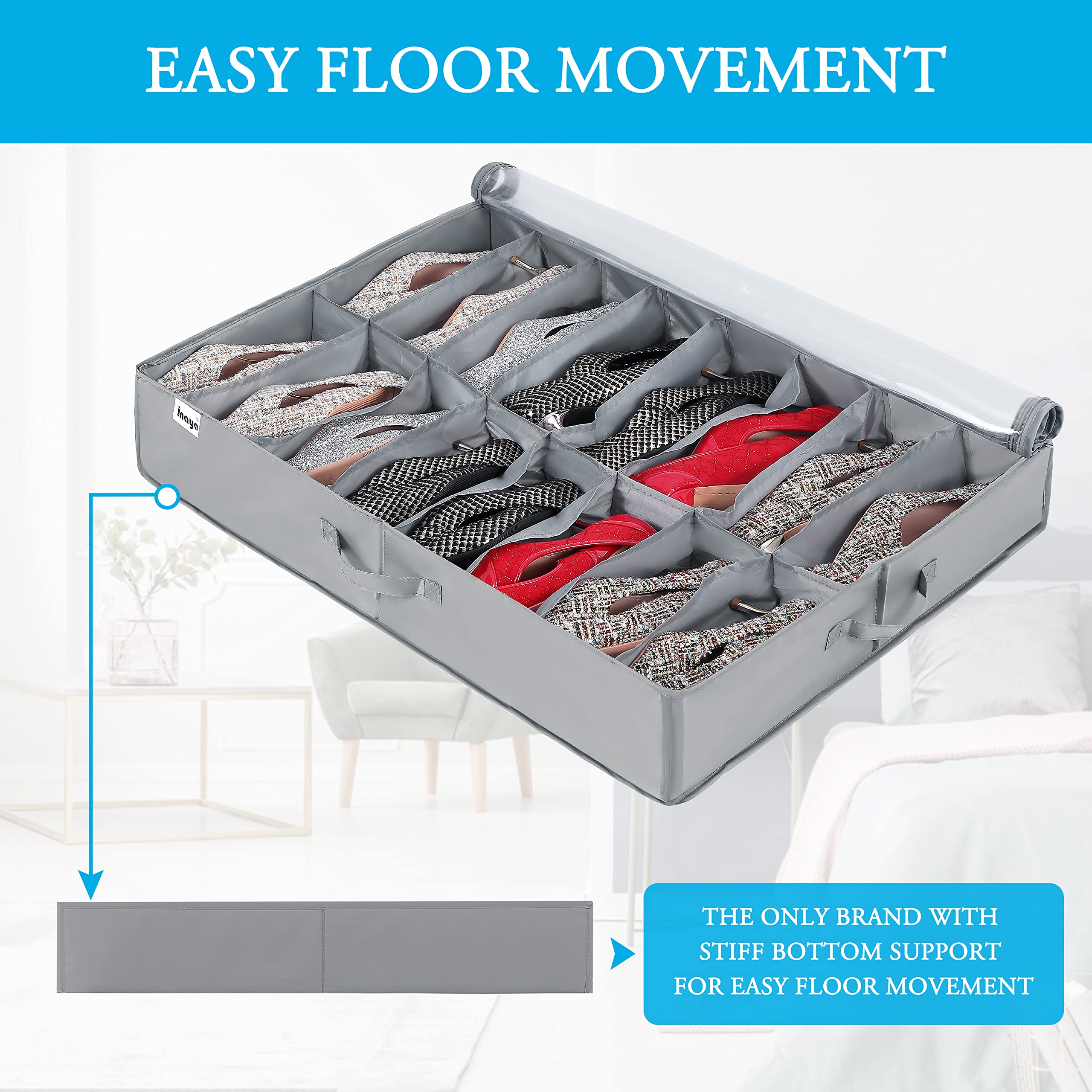 INAYA under-bed shoe storage sturdy bottom prevents moisture contact and maintains shape.