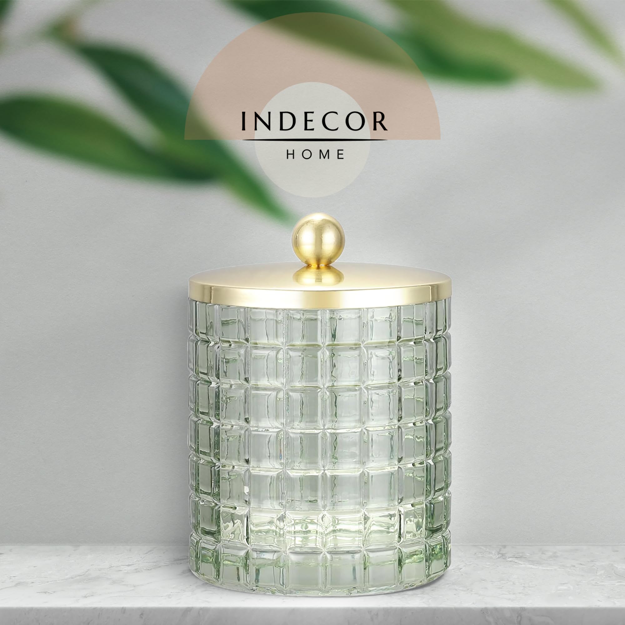 Indecor Home etched-grid glass jar adds storage style.