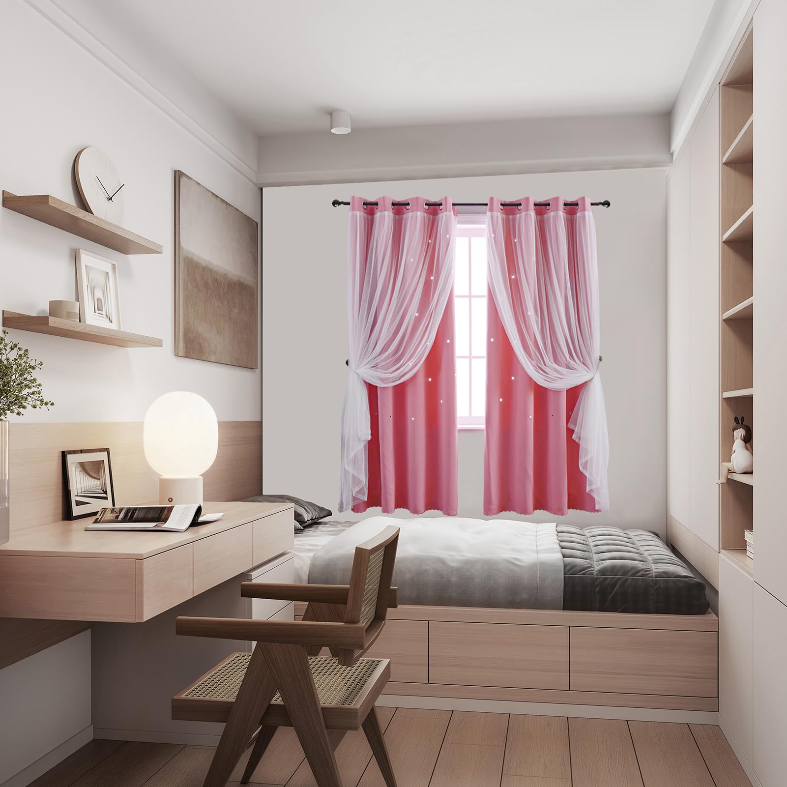 Indistar tear-resistant polyester curtains with easy-care instructions.