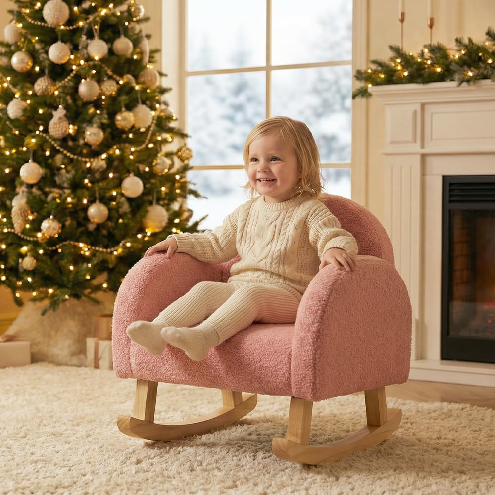 INFANS toddler rocking chair with wooden frame for safe, gentle rocking