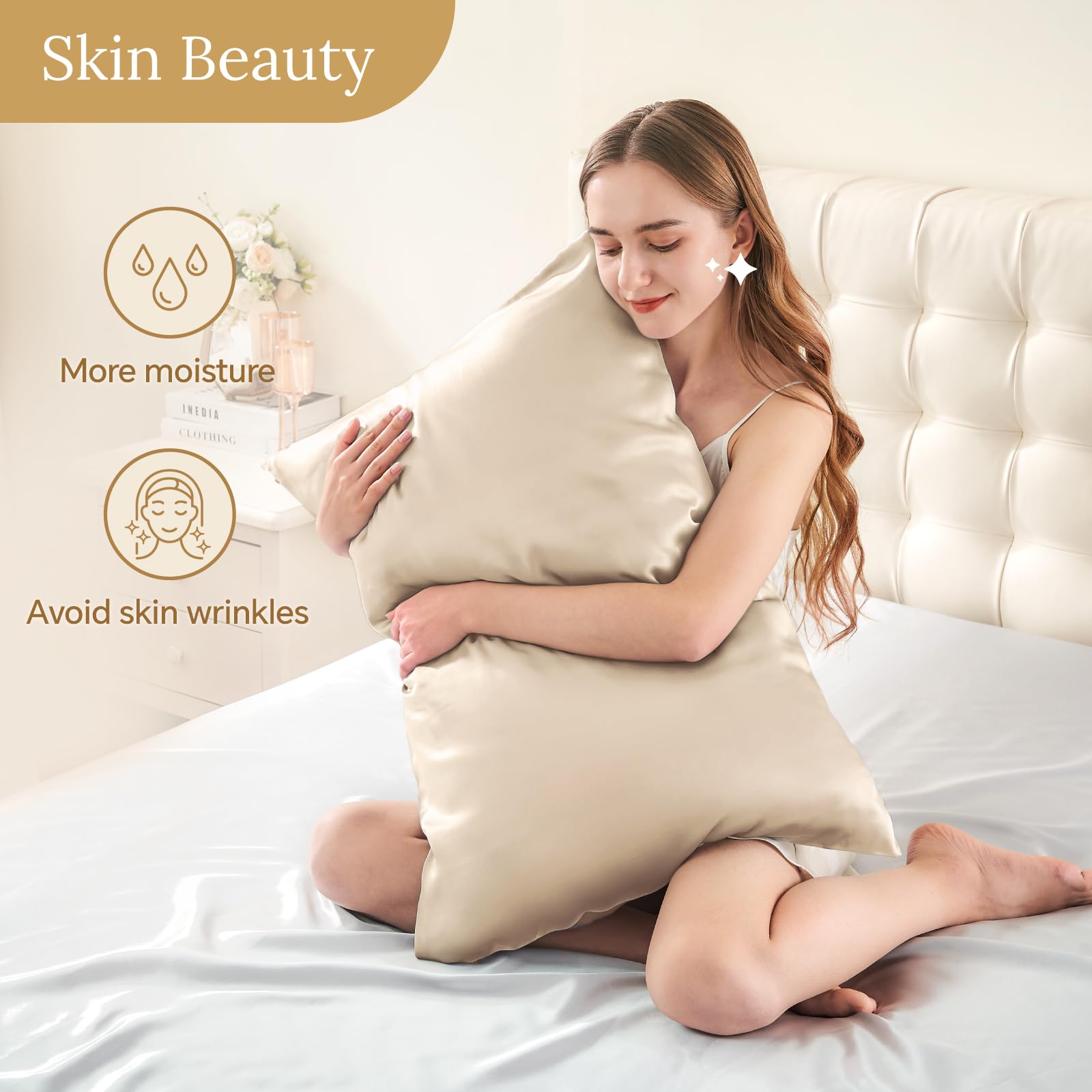INFIIXSO beige silk pillowcase on pillow for an elegant look.