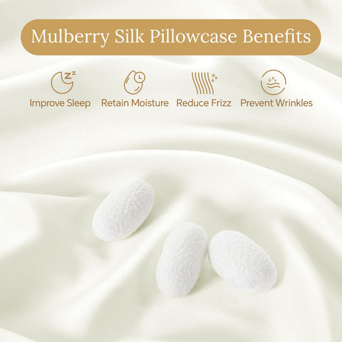 INFIIXSO silk pillowcase cream two-pack on bed with hidden zipper for secure fit