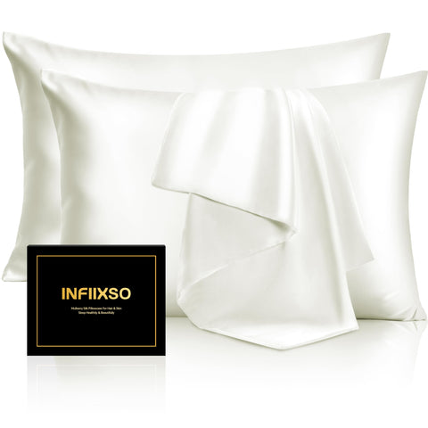 INFIIXSO silk pillowcase cream close-up shows ultra-smooth surface reducing friction
