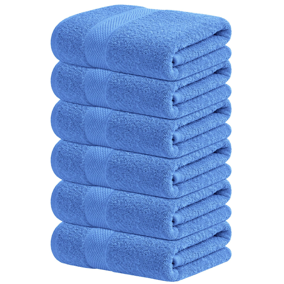 Infinitee Xclusives blue hand towels six-piece set in bathroom for spa-like softness.