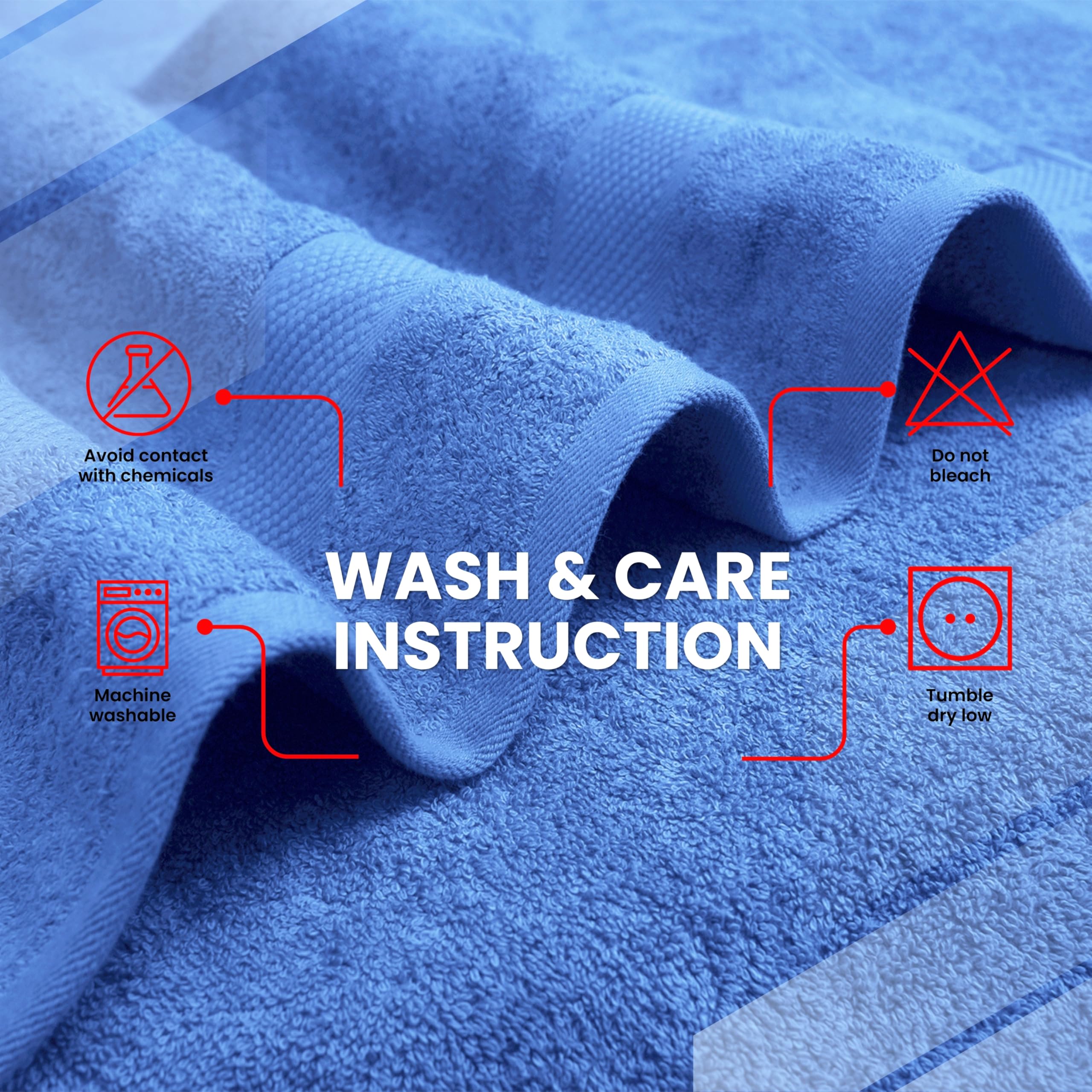 Infinitee Xclusives Luxury Towels care instructions graphic shows easy care and longevity