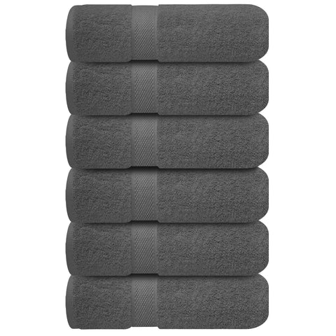 Infinitee Xclusives shadow grey towel on a bathroom rack in a guest bath