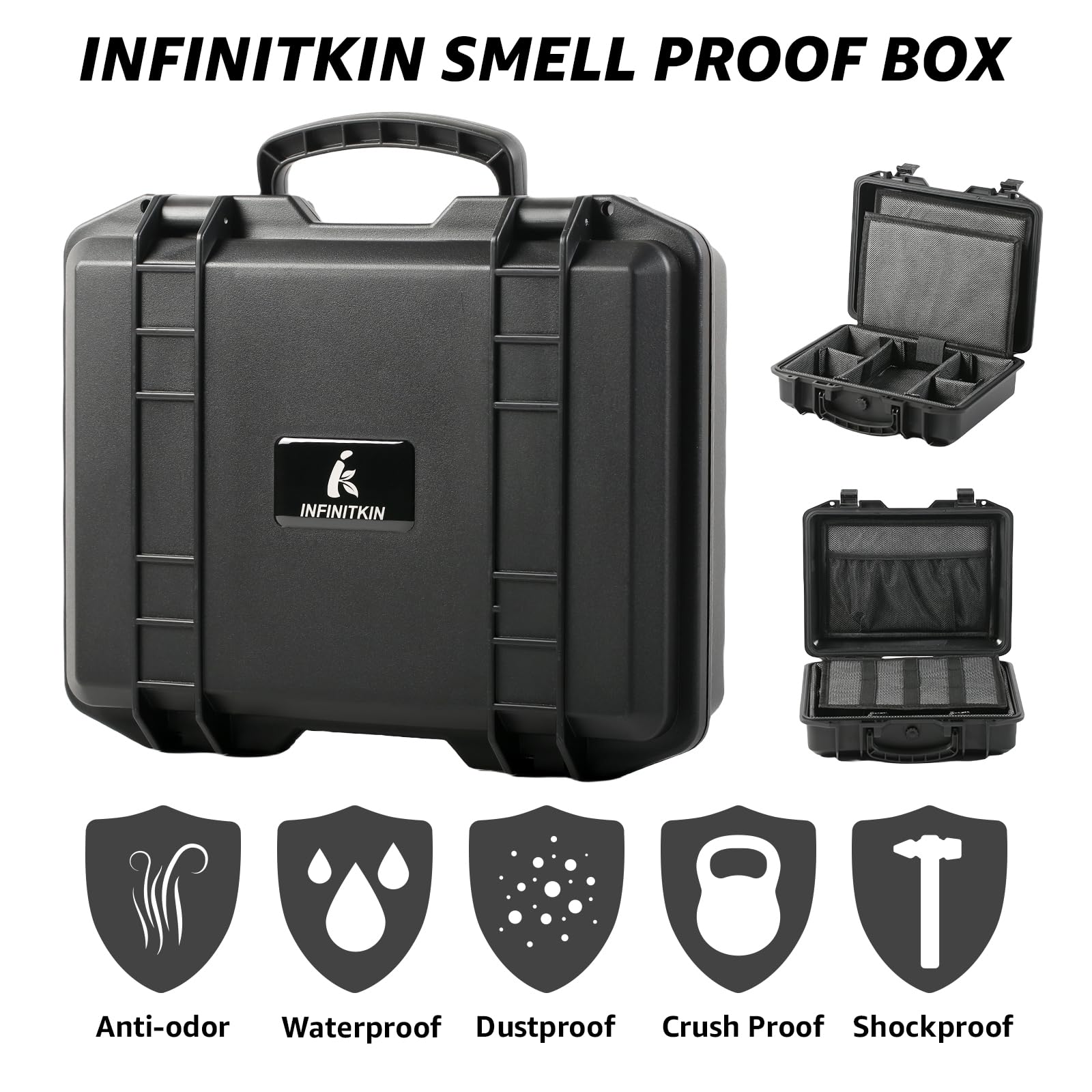 INFINITKIN Smell Proof Box opened to reveal organized space for easy access.