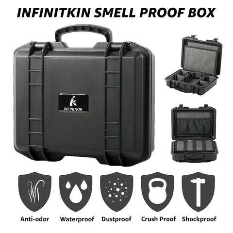INFINITKIN Smell Proof Box opened to reveal organized space for easy access.