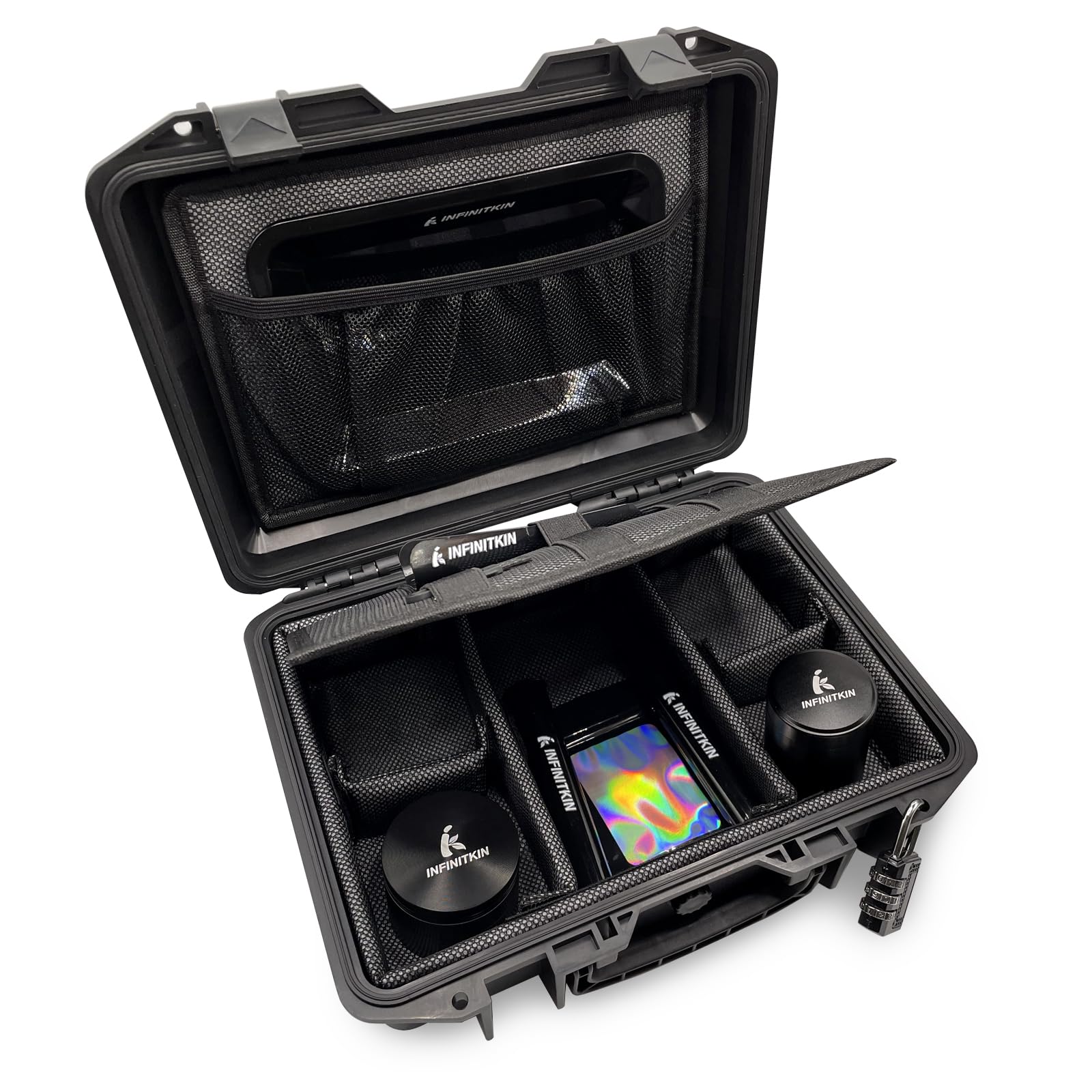 INFINITKIN Smell Proof Box lid closeup showing airtight seal for discreet storage.