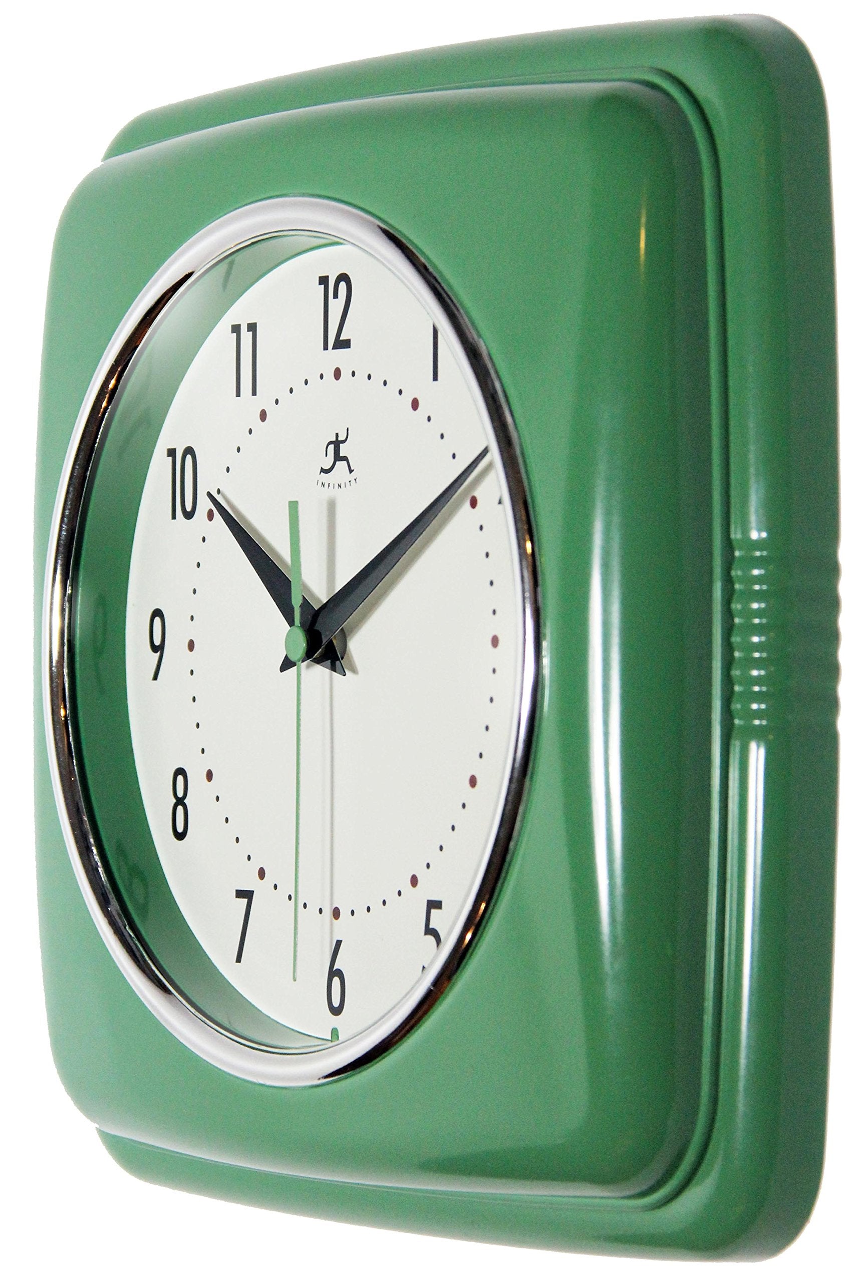 Infinity Instruments square silent retro clock green battery-compartment view for setup