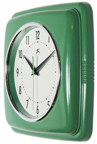 Infinity Instruments square silent retro clock green battery-compartment view for setup
