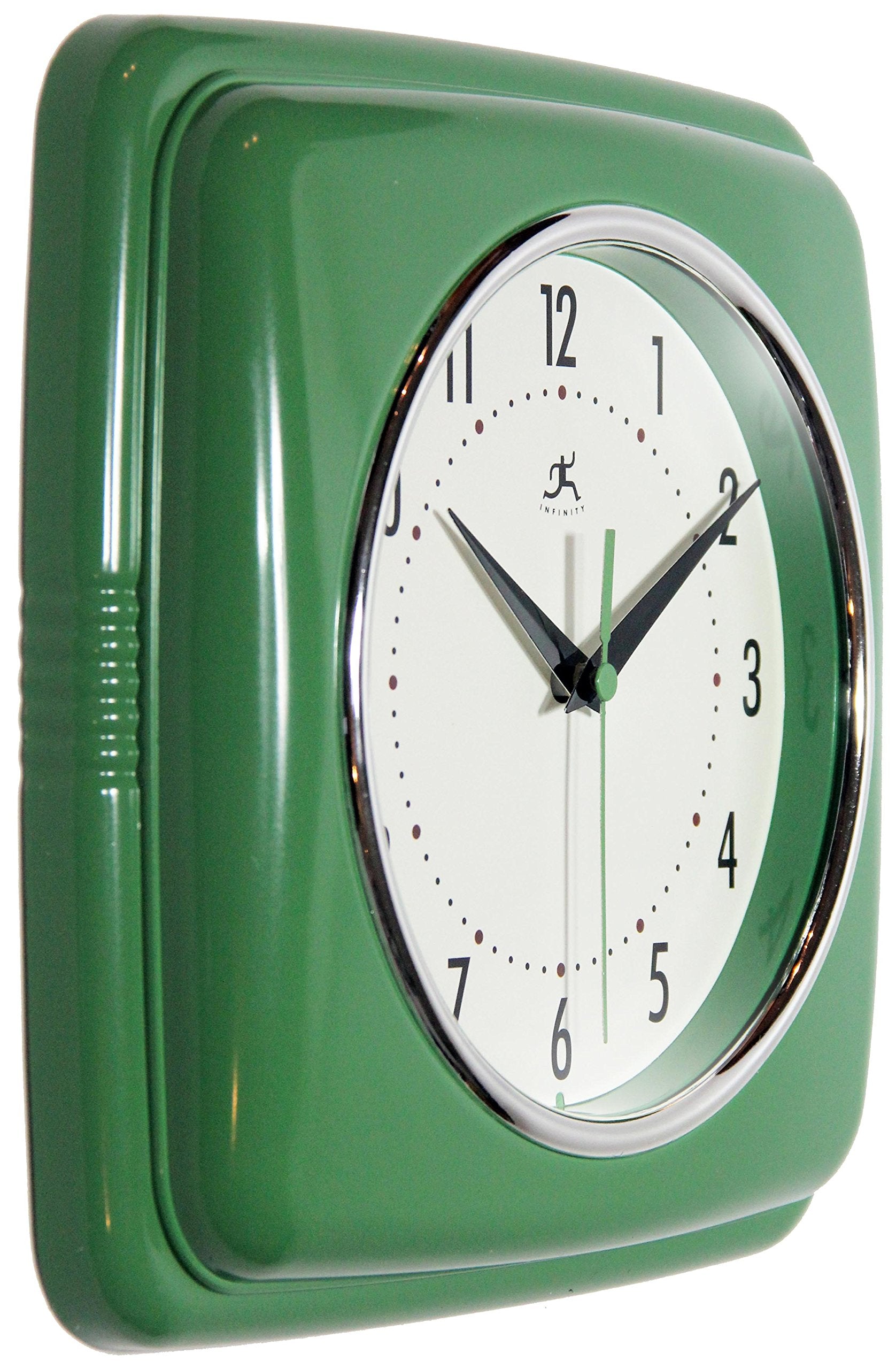 Infinity Instruments square silent retro clock green dial close up showing easy readability