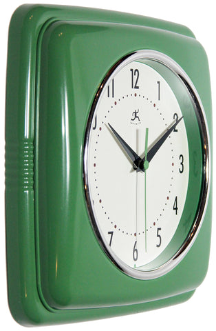 Infinity Instruments square silent retro clock green dial close up showing easy readability