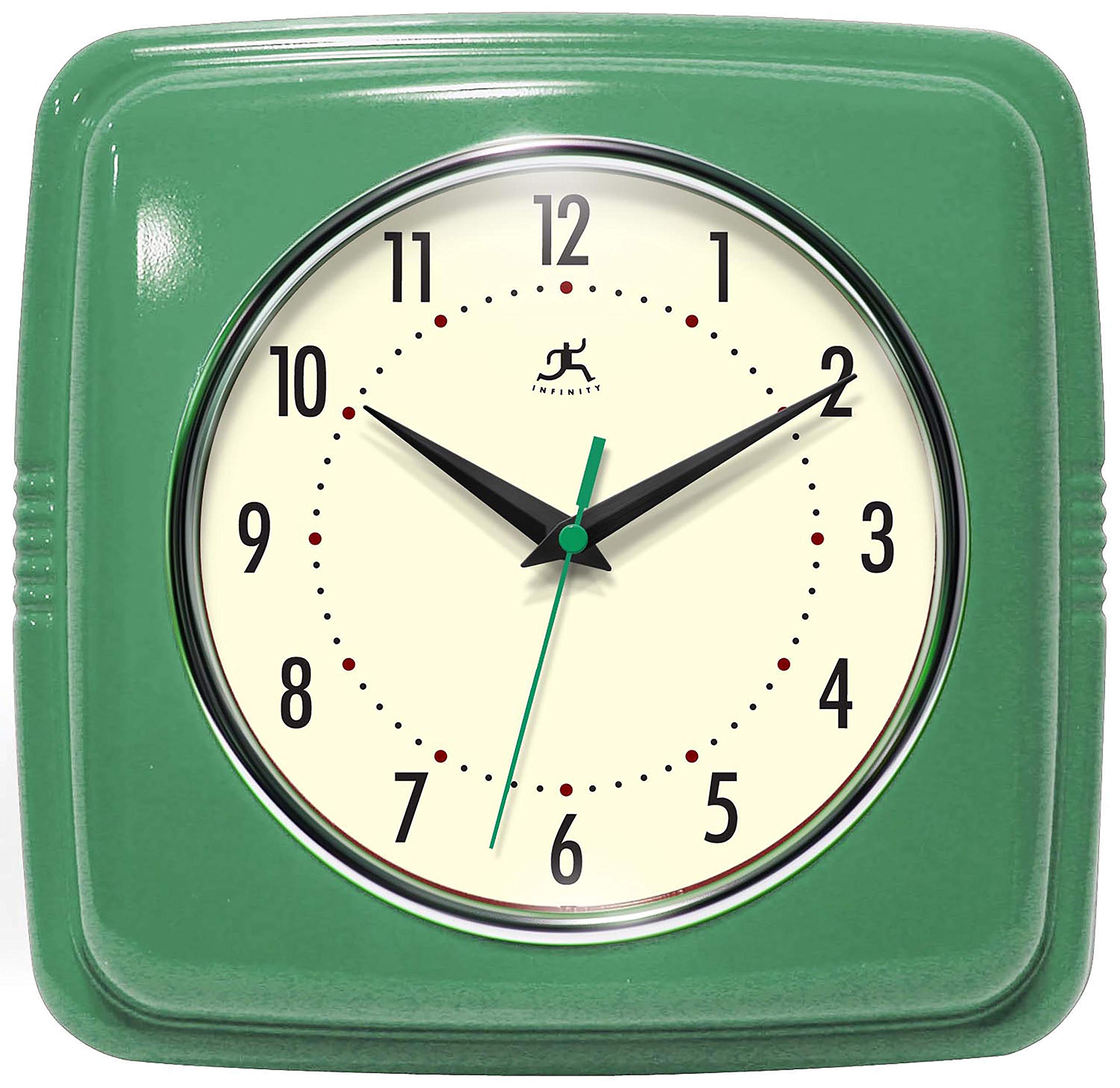 Infinity Instruments square silent retro clock green front view with bold numerals