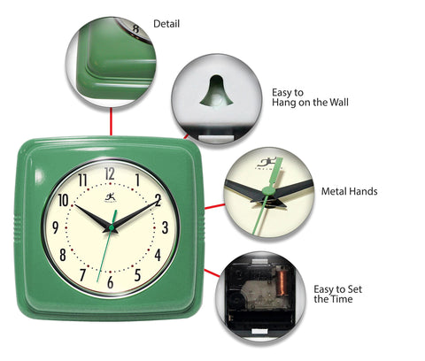 Infinity Instruments square silent retro clock green kitchen dining room setting
