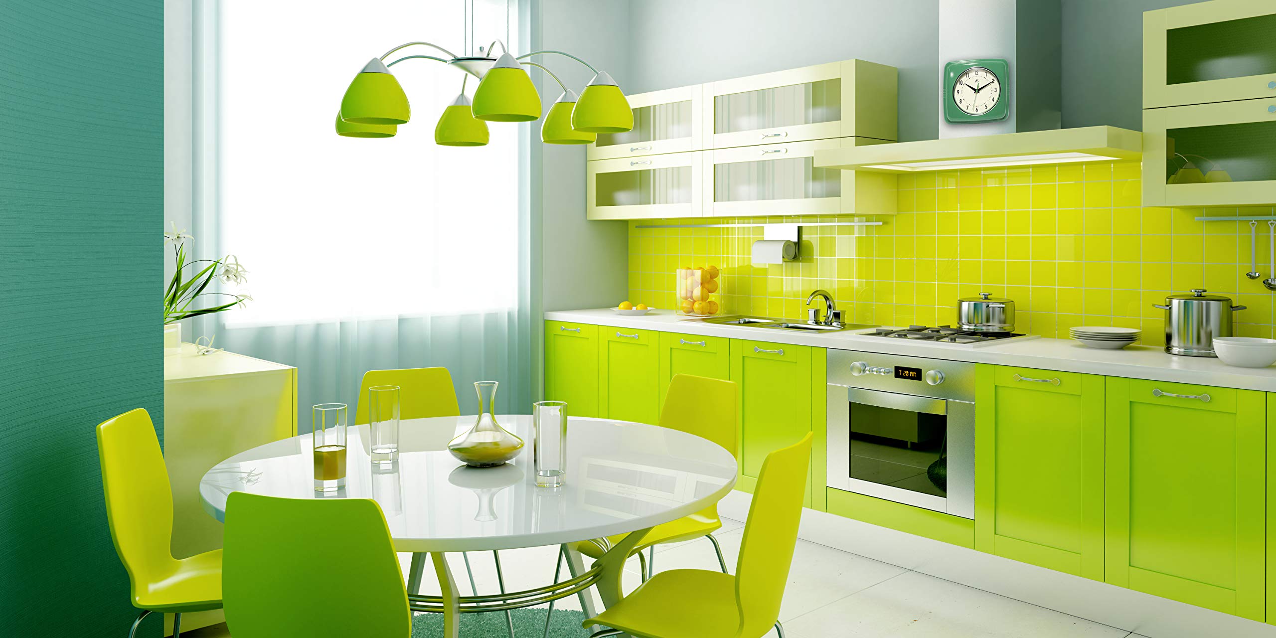 Infinity Instruments square silent retro clock green room ambience in a cozy space