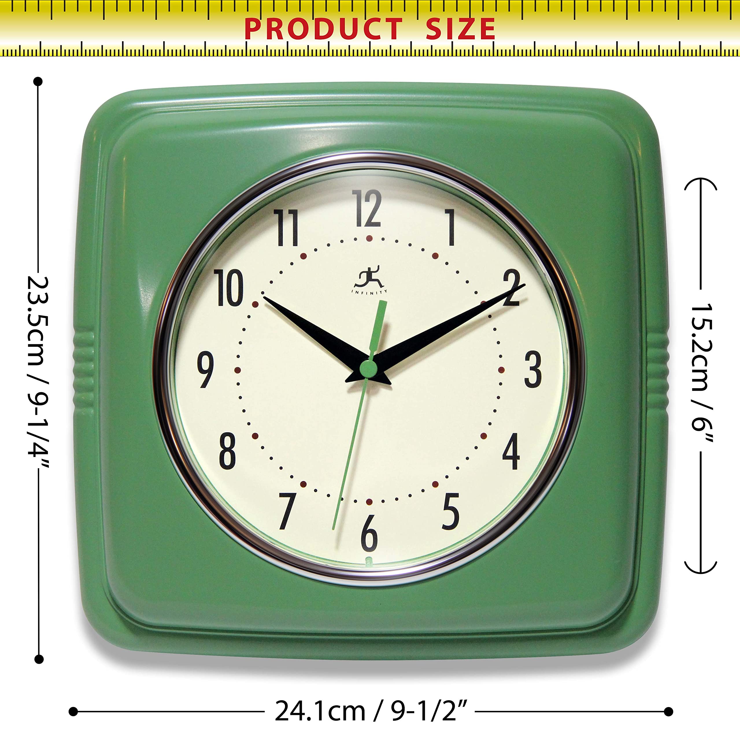 Infinity Instruments square silent retro clock green wall mounting angle for installation