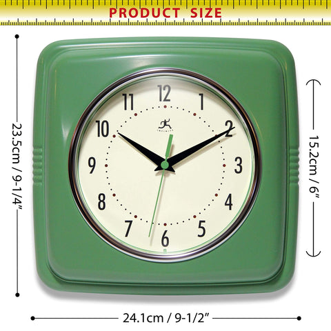 Infinity Instruments square silent retro clock green wall mounting angle for installation