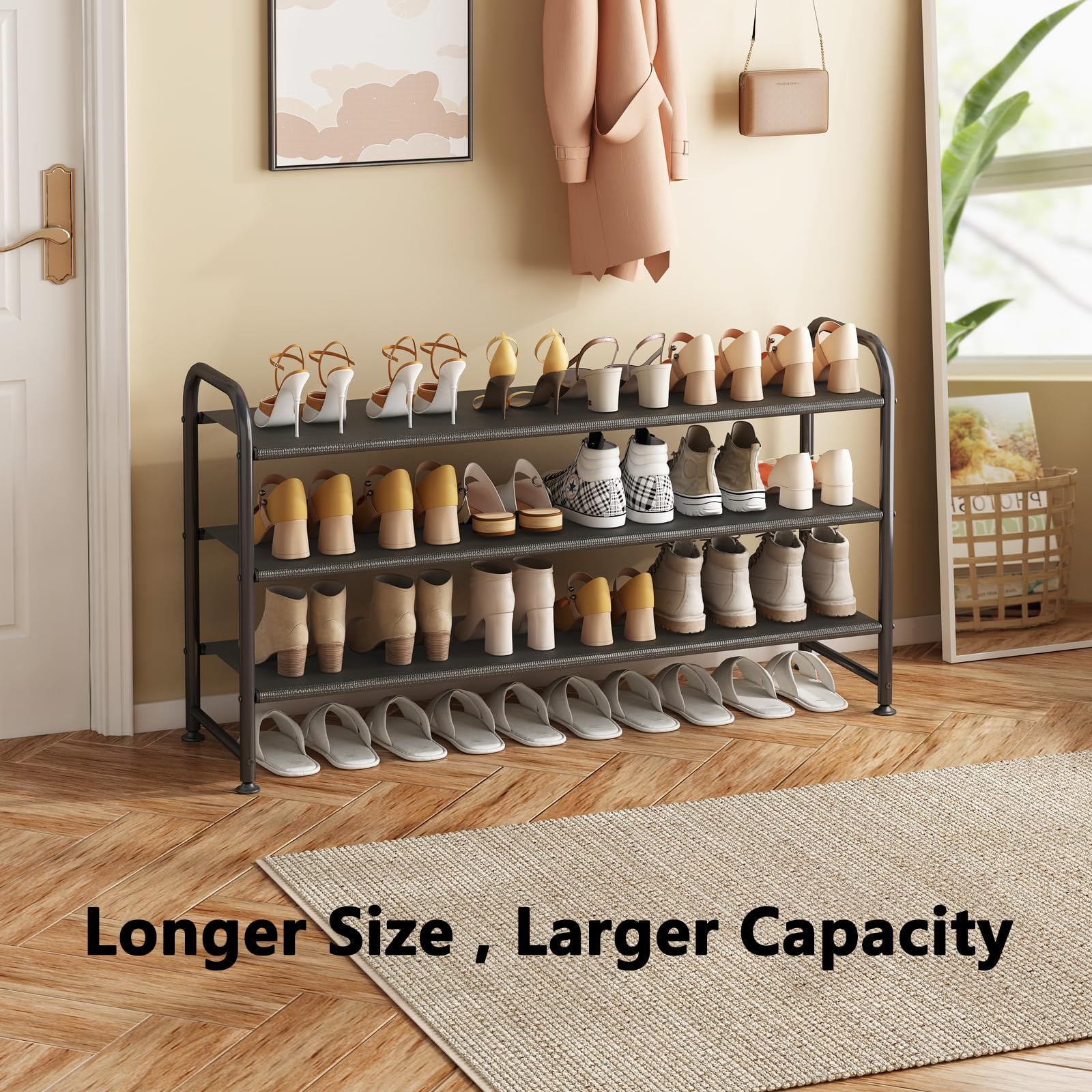 INGIORDAR 3-tier shoe rack side view highlighting sturdy metal frame and stable footprint