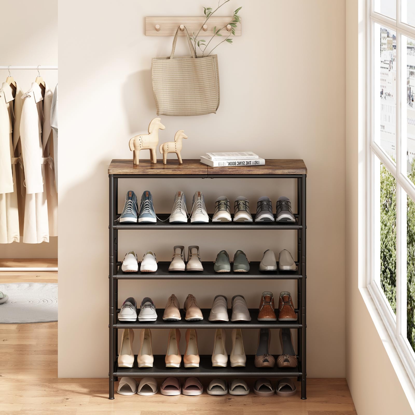 INGIORDAR five-tier shoe rack showing organized footwear at a glance.