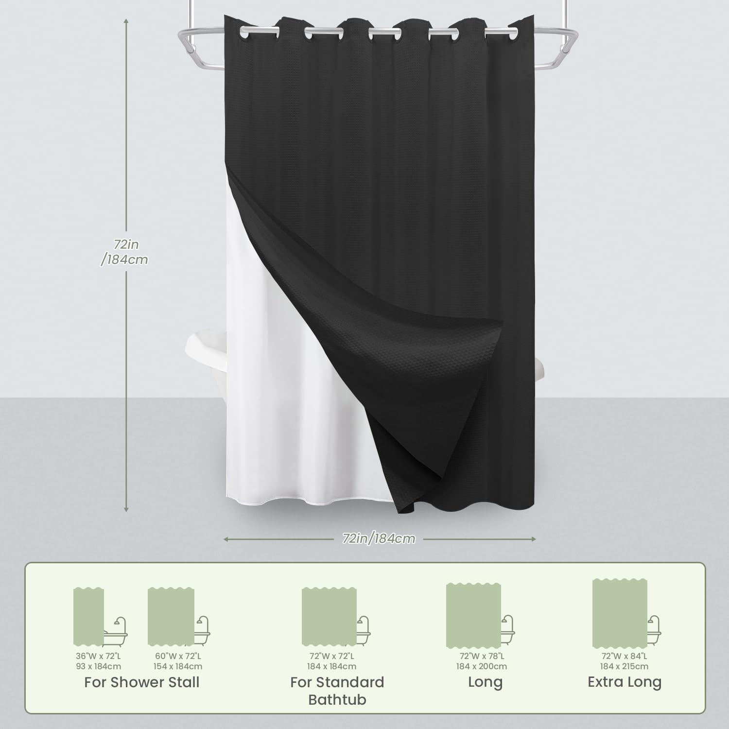 INHOUSOLU 72x72 curtain fits most tubs with a modern look