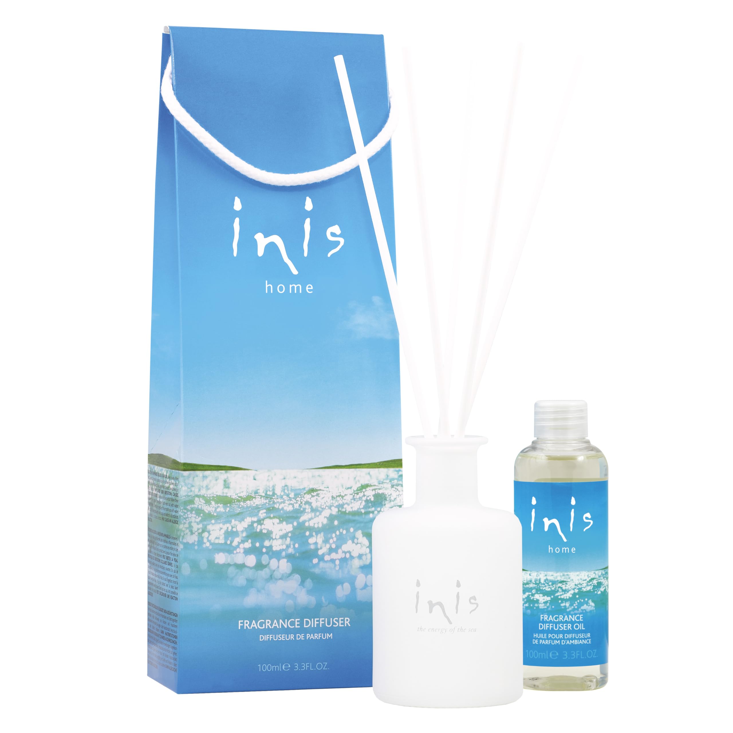 Inis Energy of the Sea diffuser bottle with glass vessel in a bright coastal room