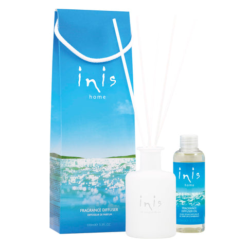 Inis Energy of the Sea diffuser bottle with glass vessel in a bright coastal room