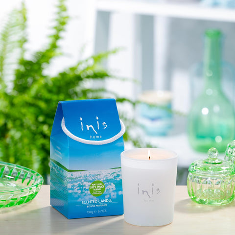 Inis Energy of the Sea candle, glass-jar side view, highlights oceanic fragrance in a bright room.