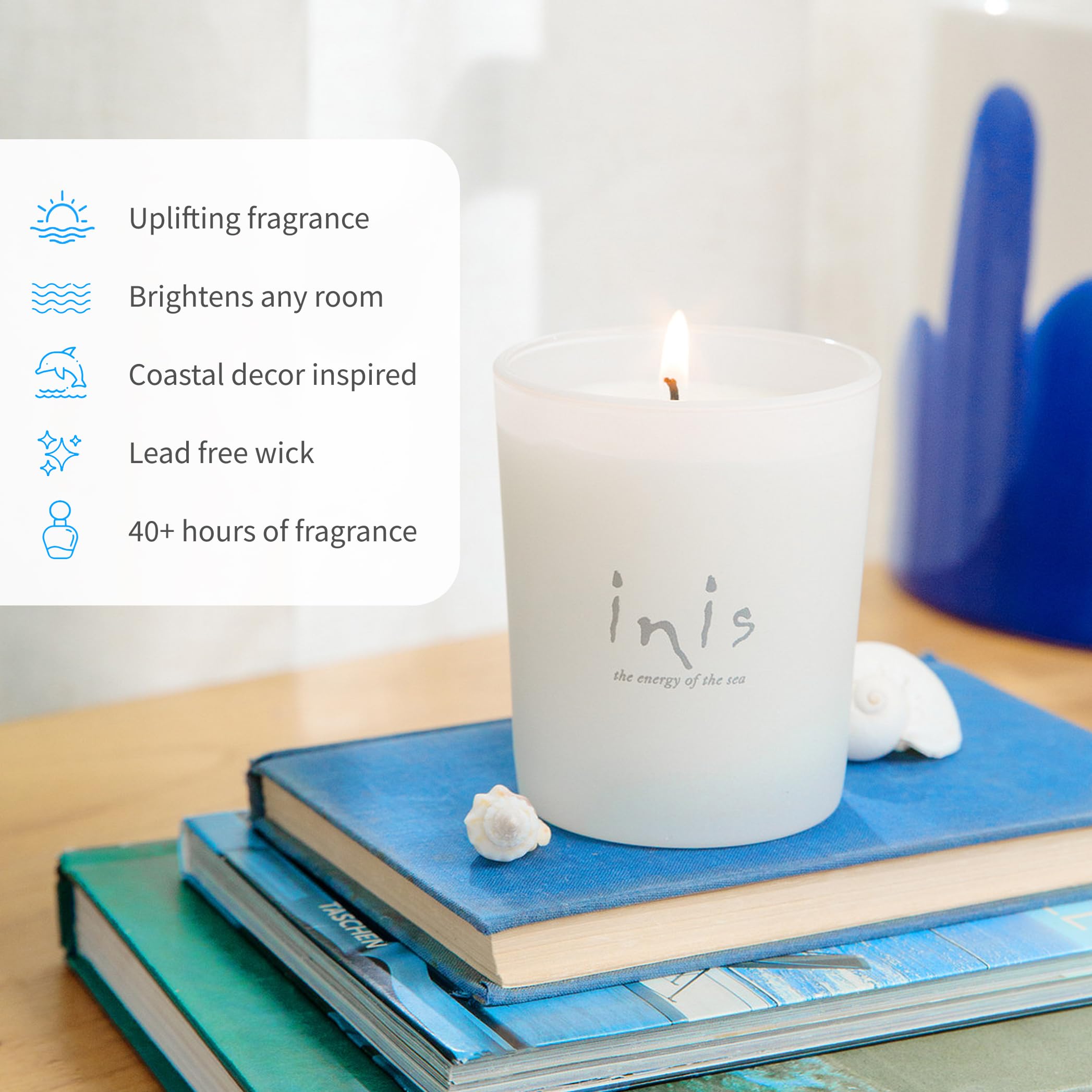 Inis Energy of the Sea wick closeup shows a lead-free cotton wick for steady diffusion.