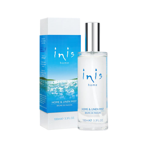 Inis Home Linen Mist bottle displaying gift-friendly packaging and design