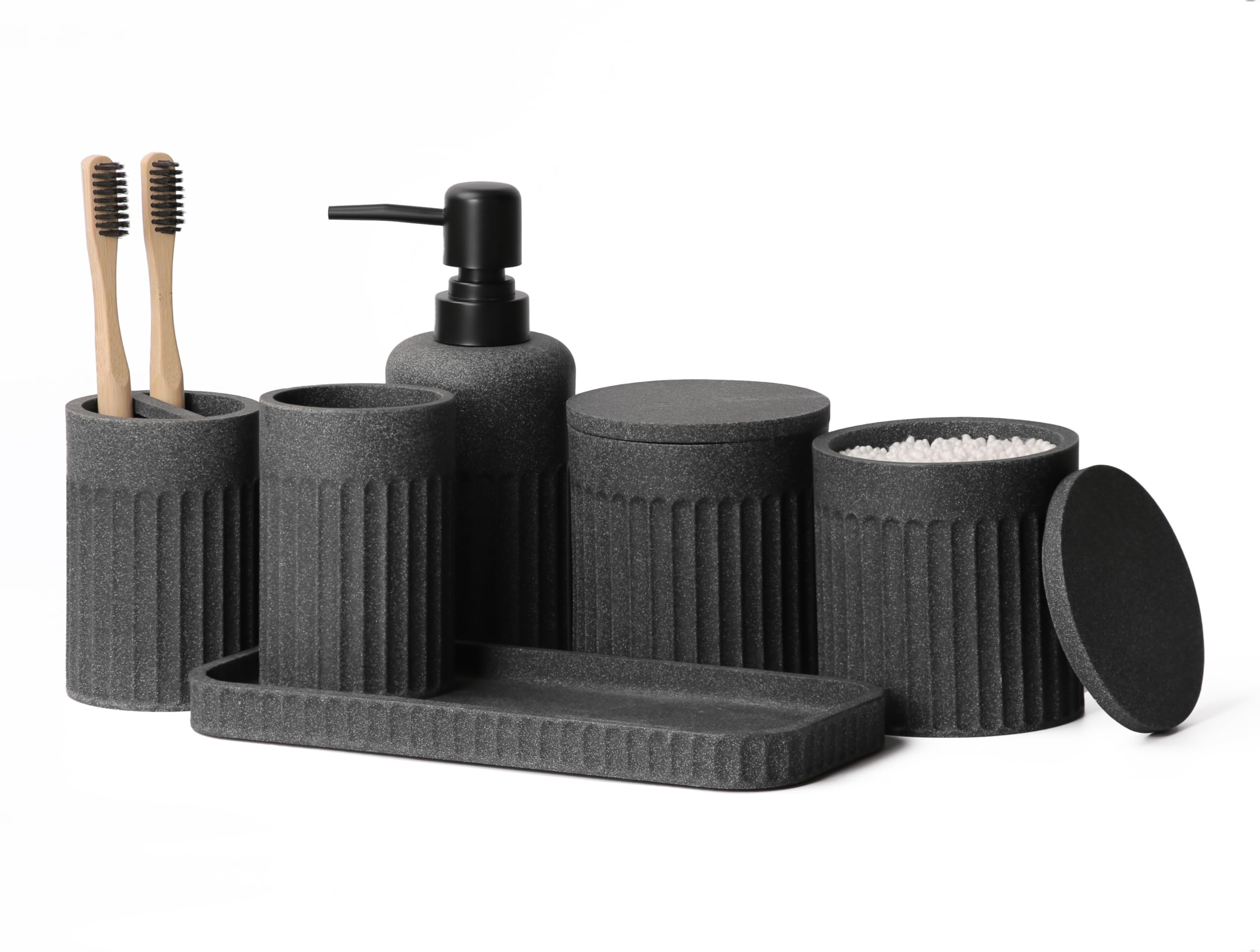 INIUNIK 6-piece bathroom set on the counter adds organized elegance to any sink.